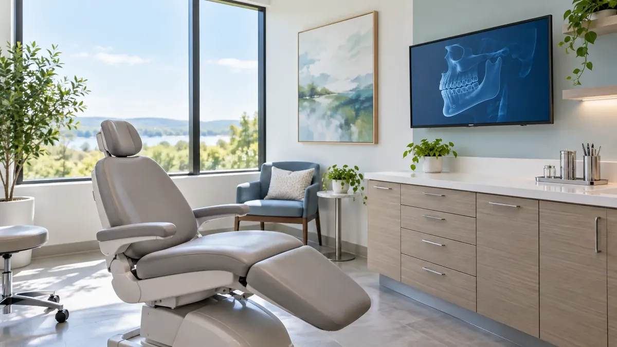 A bright consultation room with a grey patient chair, a wall screen, cabinets and a large window