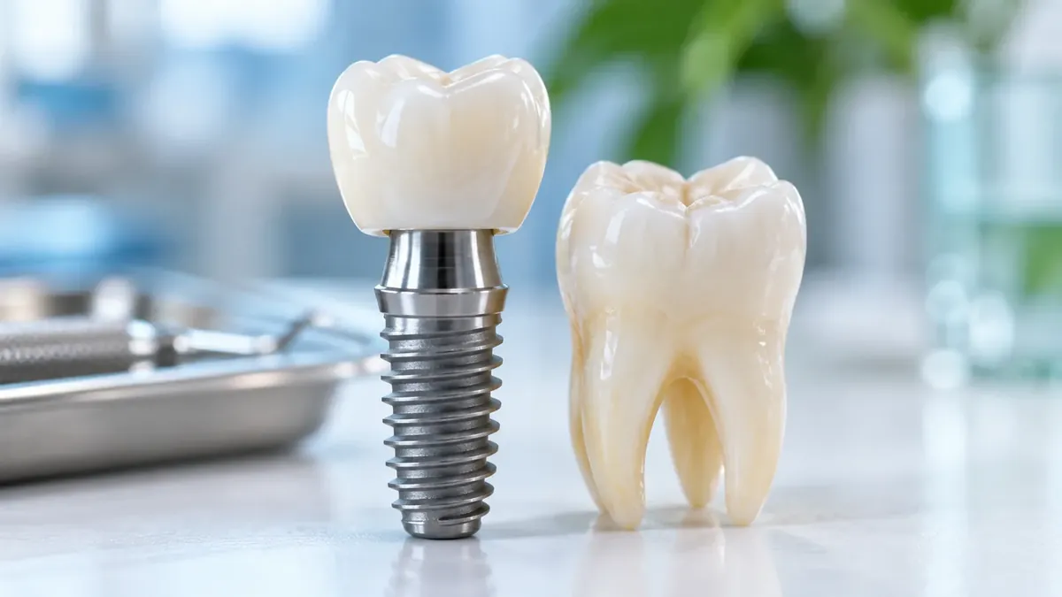 A dental implant model with a crown standing beside a model of a natural tooth