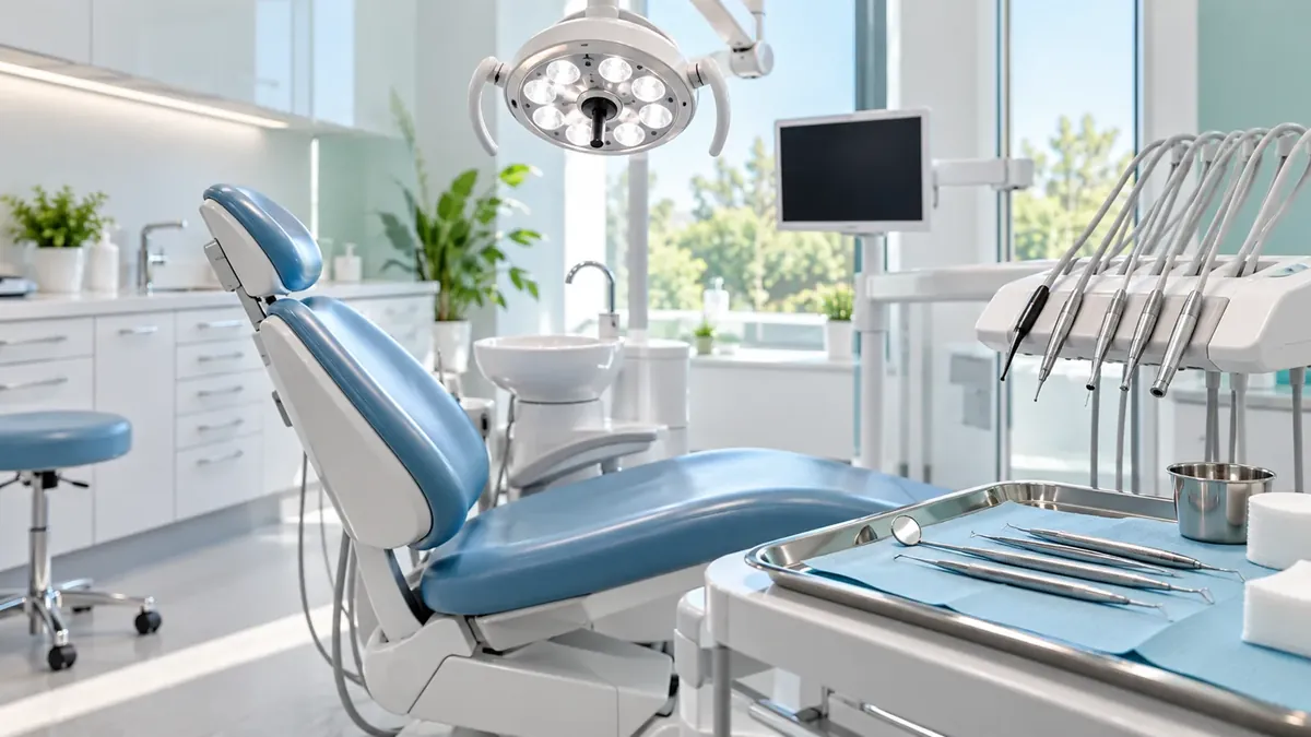 A bright, clean treatment room with a blue patient chair, an overhead light and a neatly laid instrument tray