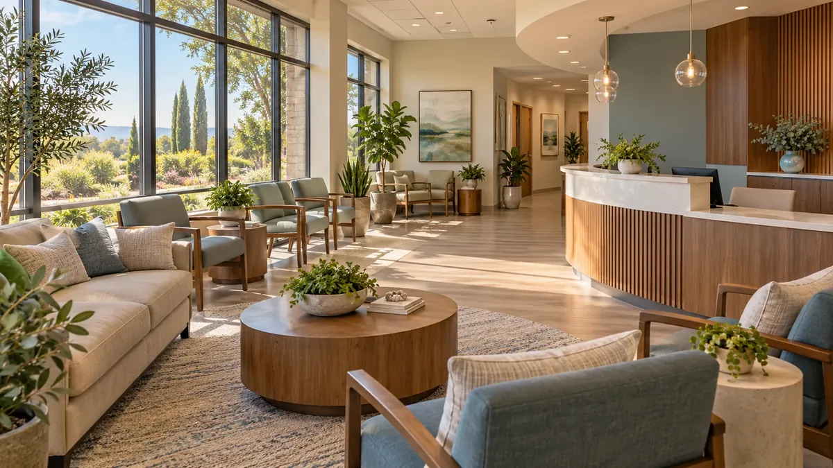 A warm reception and waiting area with wood panelling, plants, upholstered chairs and daylight from tall windows